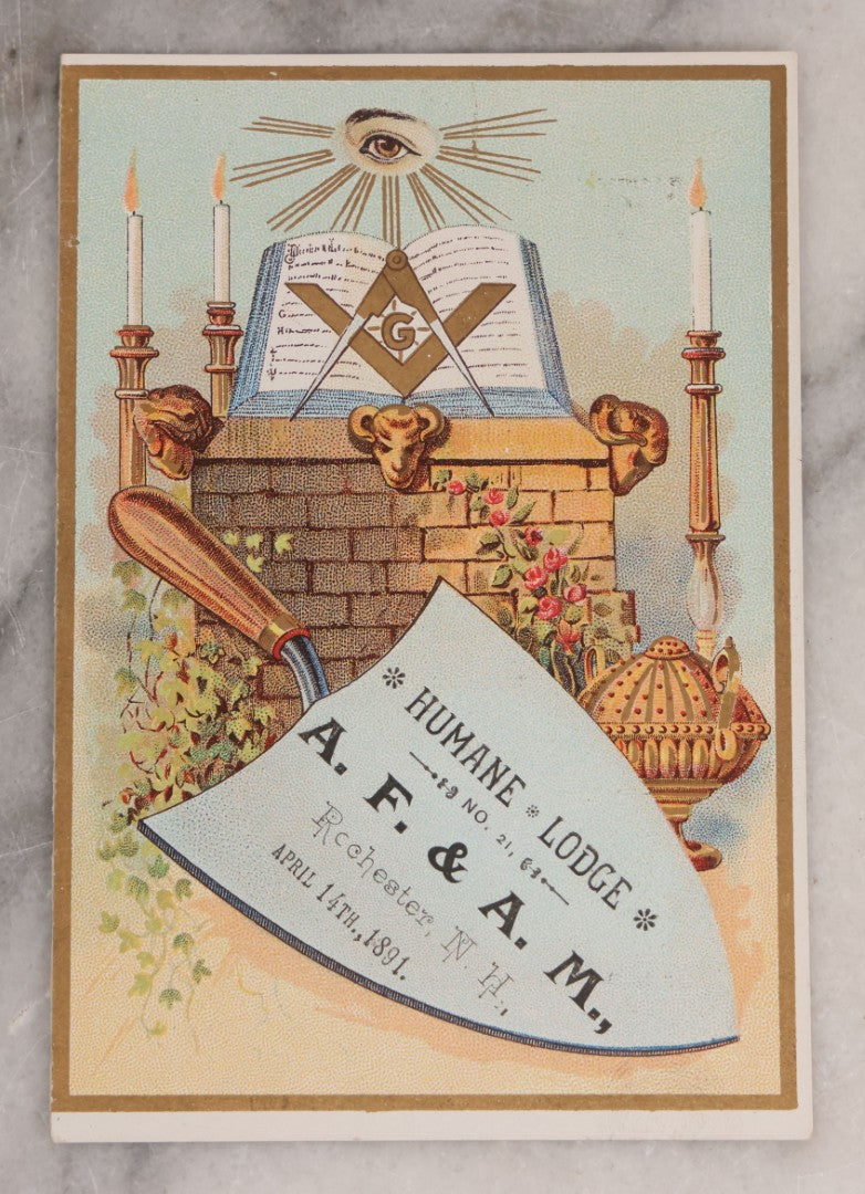 Lot 083 - Antique Lithographed Trade Card Advertising The Eighty-First Annual Installation Of The Officers Of Ancient Free And Accepted Masons Humane Lodge No. 21, Rochester, New Hampshire, April 14th, 1891