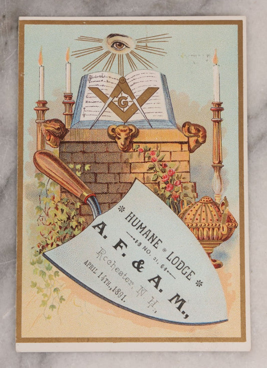 Lot 083 - Antique Lithographed Trade Card Advertising The Eighty-First Annual Installation Of The Officers Of Ancient Free And Accepted Masons Humane Lodge No. 21, Rochester, New Hampshire, April 14th, 1891