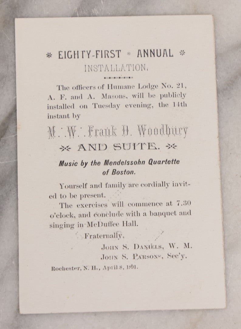 Lot 083 - Antique Lithographed Trade Card Advertising The Eighty-First Annual Installation Of The Officers Of Ancient Free And Accepted Masons Humane Lodge No. 21, Rochester, New Hampshire, April 14th, 1891