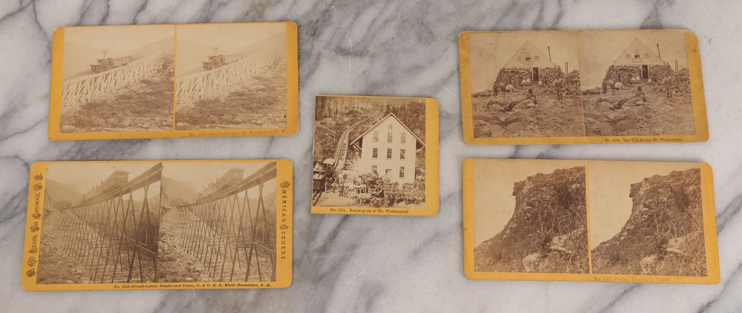 Lot 084 - Grouping Of Four (And A Half) Antique Stereoview Stereocards With Photos Of Landmarks In The White Mountains, New Hampshire, Including The Old Man Of The Mountain, Tip Top House & Jacob's Ladder, Mt. Washington, And Frankenstein & Trestle Train