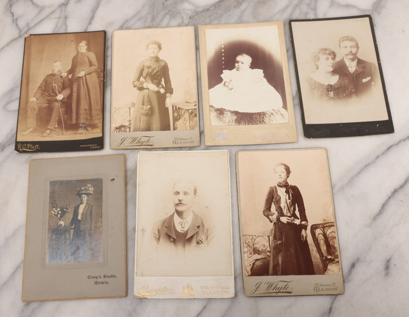 Lot 087 - Grouping Of Seven Scottish Cabinet Card Portrait Photographs Of Men Women And Children, Photographers Include J. Whyte, Hampton, Both Of Glasgow, Sharp Of Hamilton, Coatbridge, & Strathaven, R.C. Platt  And Craig's Studio, Both Of Airdrie
