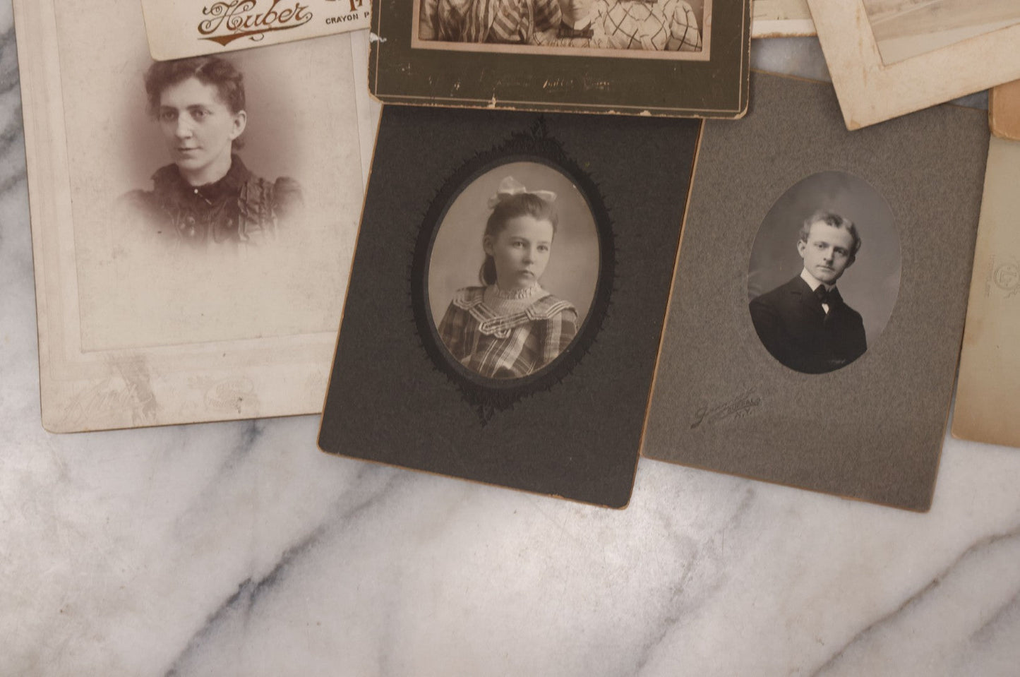 Lot 089 - Grouping Of 15 Antique Photographs Including Many Cabinet Card Portraits, Wedding Photo, Group Of Girls, Building, Tree, And More