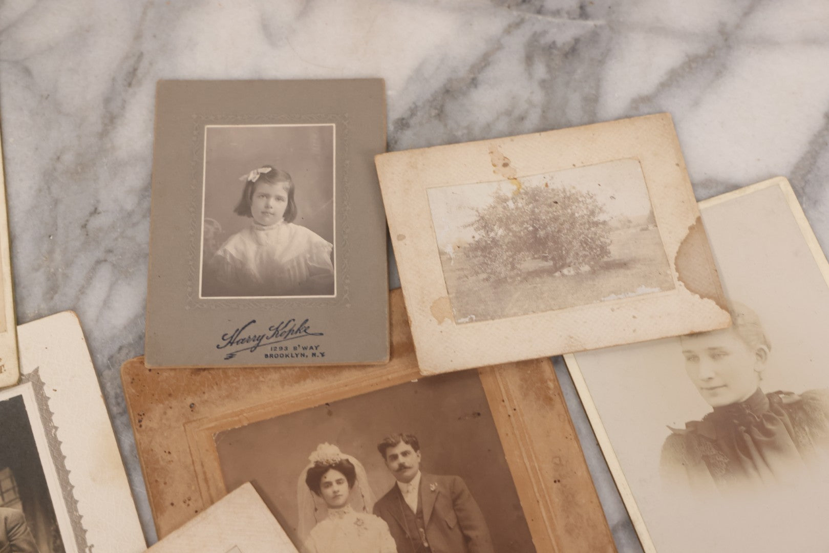 Lot 089 - Grouping Of 15 Antique Photographs Including Many Cabinet Card Portraits, Wedding Photo, Group Of Girls, Building, Tree, And More