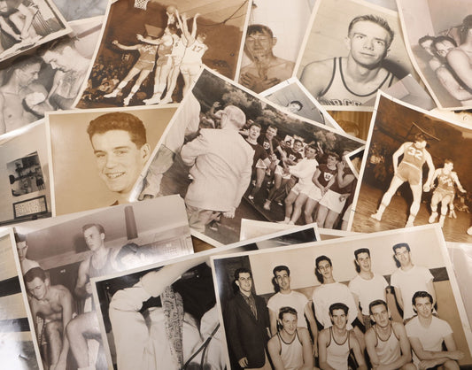 Lot 091 - Grouping Of 22 Vintage Press And Other Photos Showing Sports And Athletes, Including Basketball, Football, Track And Field, Men In Locker Room, And More, Photos From Worcester And Elsewhere