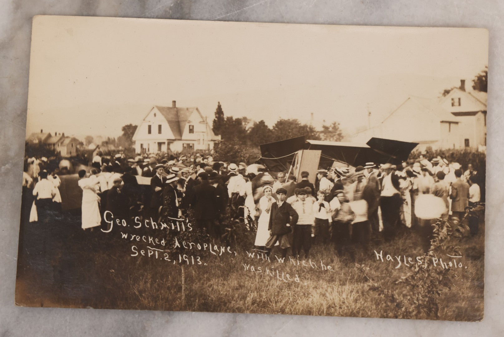 Lot 092 - Antique Real Photo Postcard R.P.P.C. Of "George Schmitt's Wrecked Aeroplane With Which He Was Killed," September 2, 1913, Hayles, Photographer