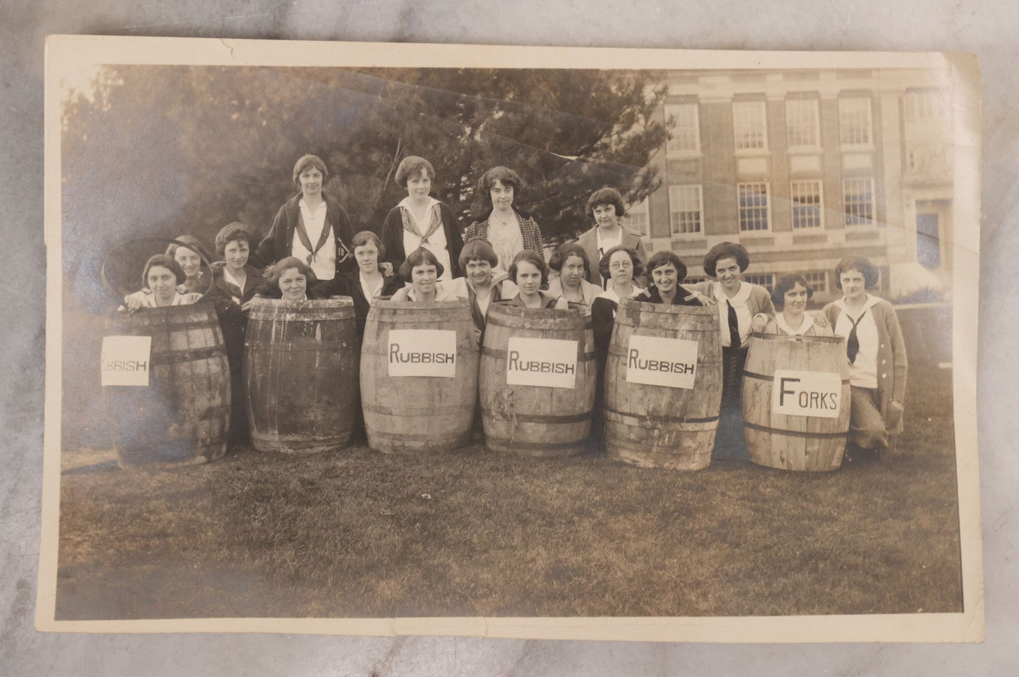 Lot 096 - Single Antique Unmounted Photograph Of A Group Of School Girls Posing In Rubbish Barrels
