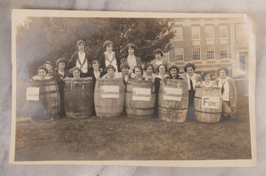 Lot 096 - Single Antique Unmounted Photograph Of A Group Of School Girls Posing In Rubbish Barrels