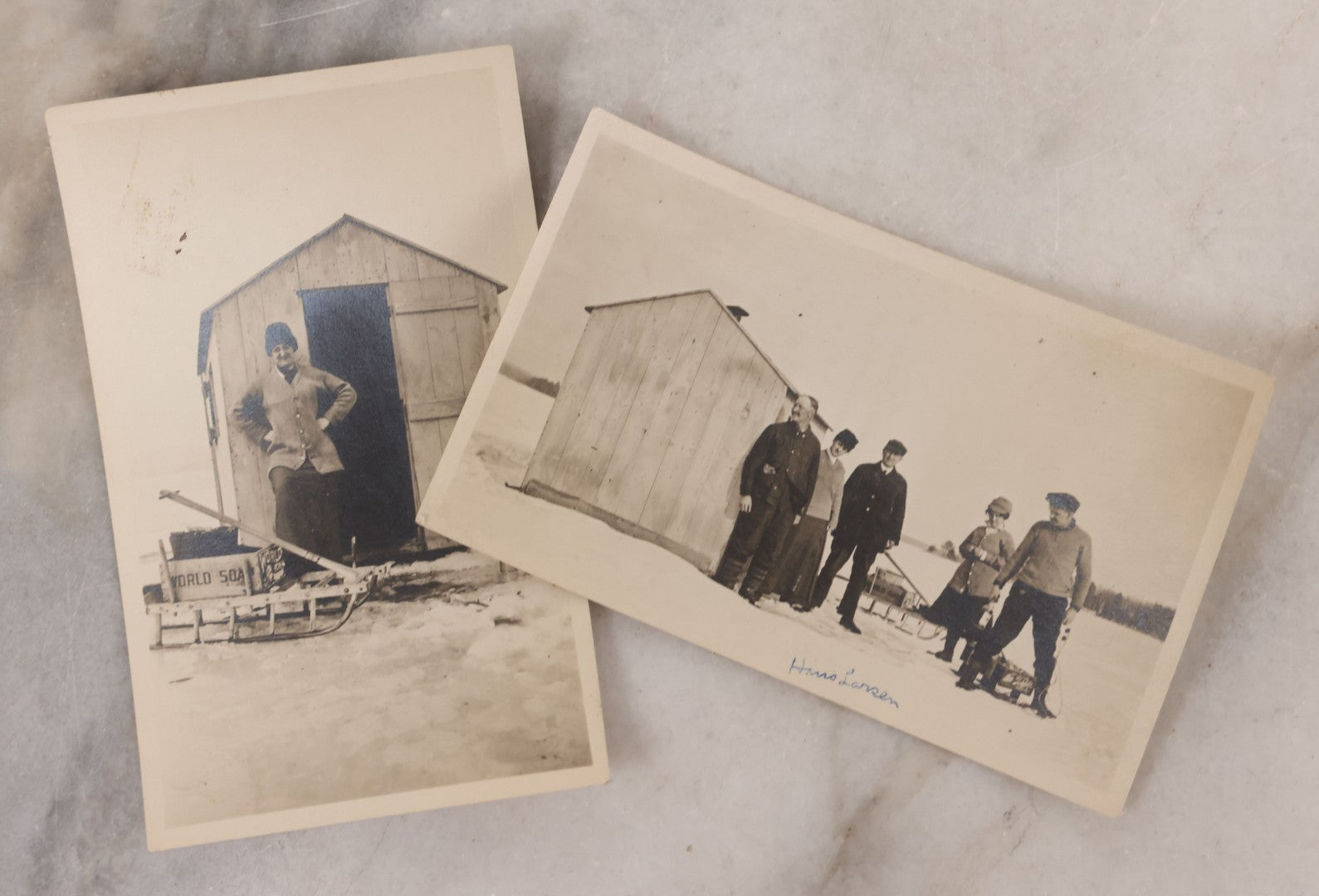 Lot 104 - Pair Of Antique Snapshot Photograph Of Men And Women At Ice Fishing Hut, With Wooden Sled, World Soap Crate, Concord, New Hampshire