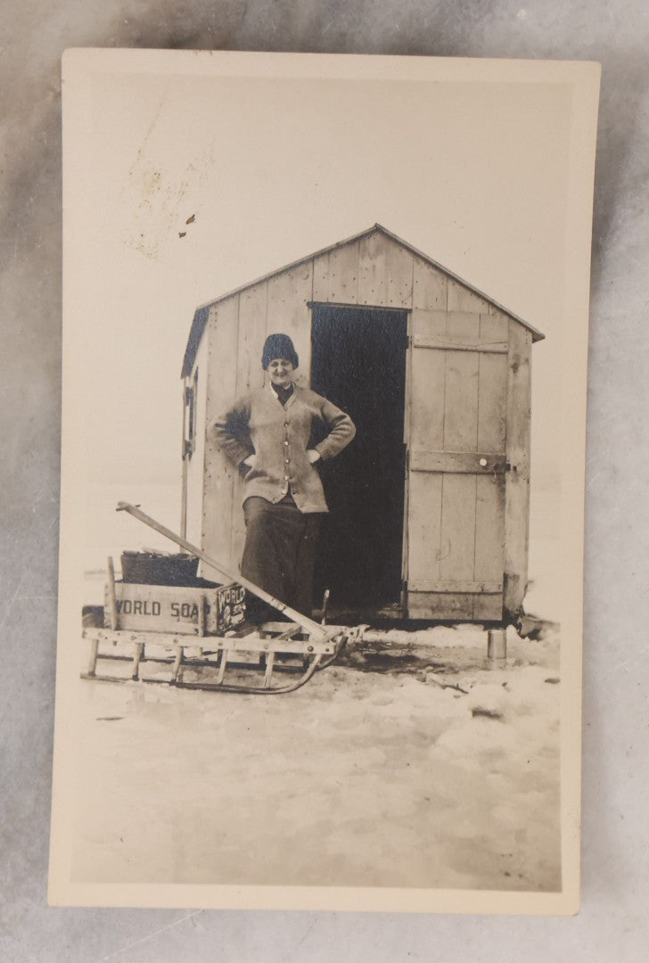 Lot 104 - Pair Of Antique Snapshot Photograph Of Men And Women At Ice Fishing Hut, With Wooden Sled, World Soap Crate, Concord, New Hampshire