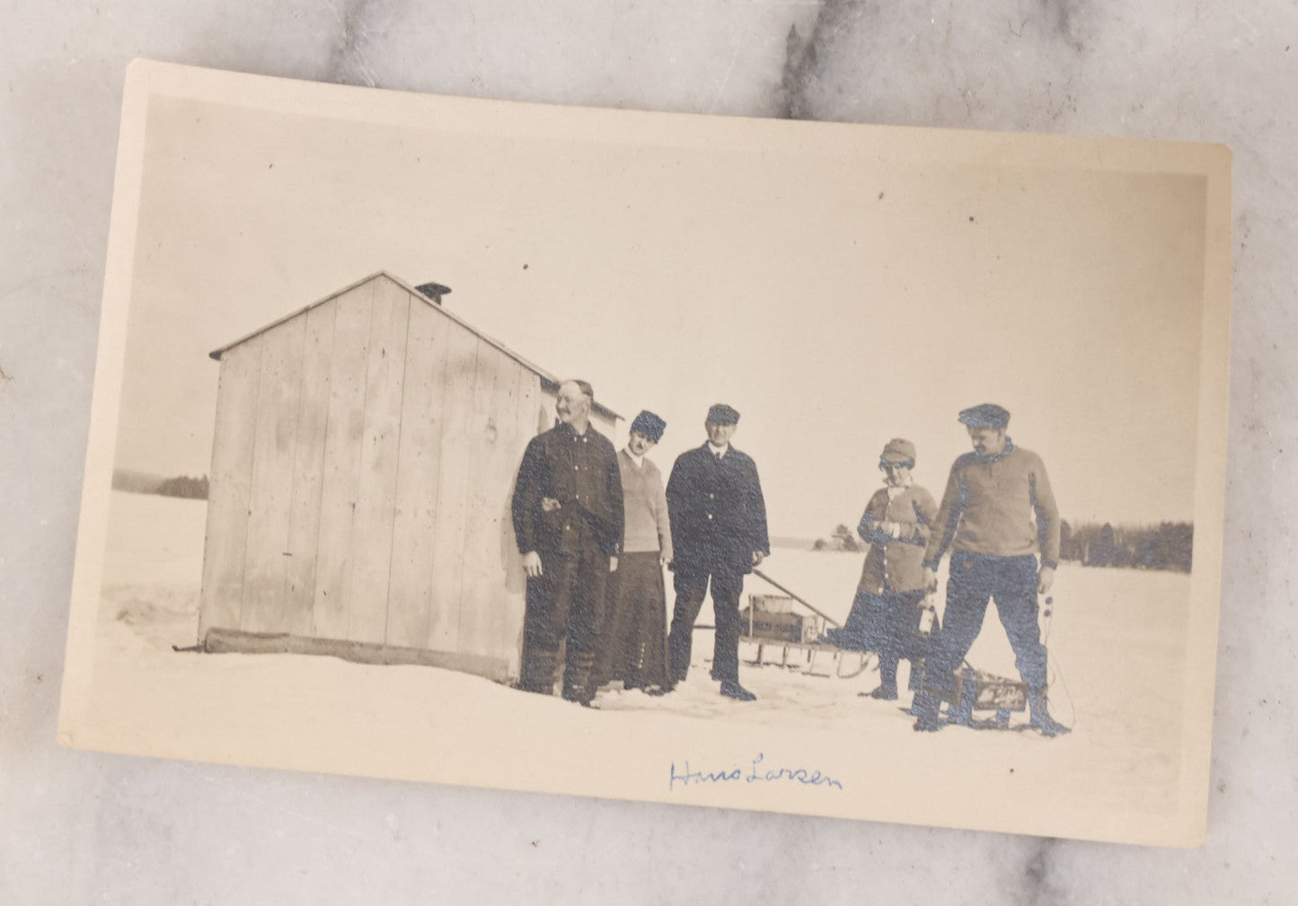 Lot 104 - Pair Of Antique Snapshot Photograph Of Men And Women At Ice Fishing Hut, With Wooden Sled, World Soap Crate, Concord, New Hampshire