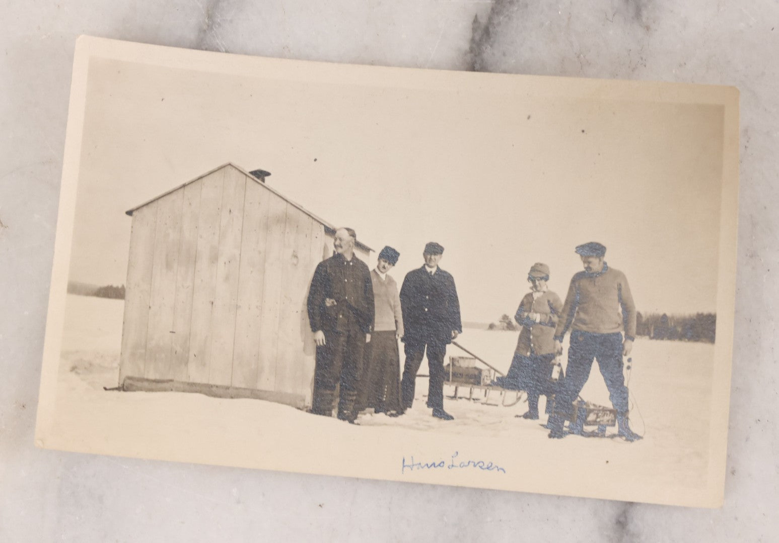 Lot 104 - Pair Of Antique Snapshot Photograph Of Men And Women At Ice Fishing Hut, With Wooden Sled, World Soap Crate, Concord, New Hampshire