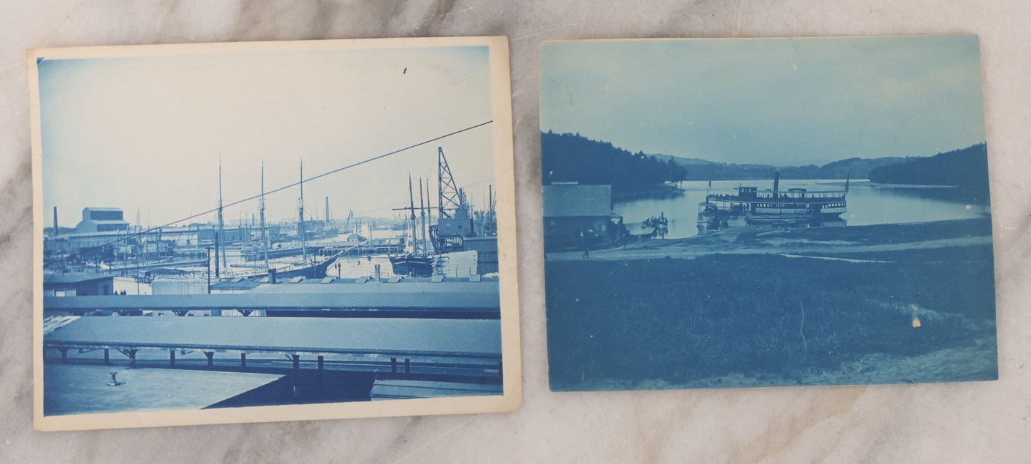 Lot 105 - Pair Of Antique Cyanotype Photographs Of Ships, Including River Steamship And Sailing Ships At Wharf