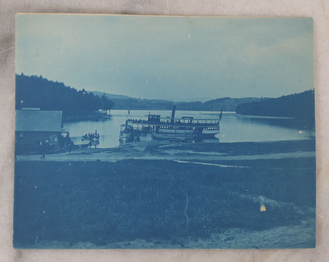 Lot 105 - Pair Of Antique Cyanotype Photographs Of Ships, Including River Steamship And Sailing Ships At Wharf