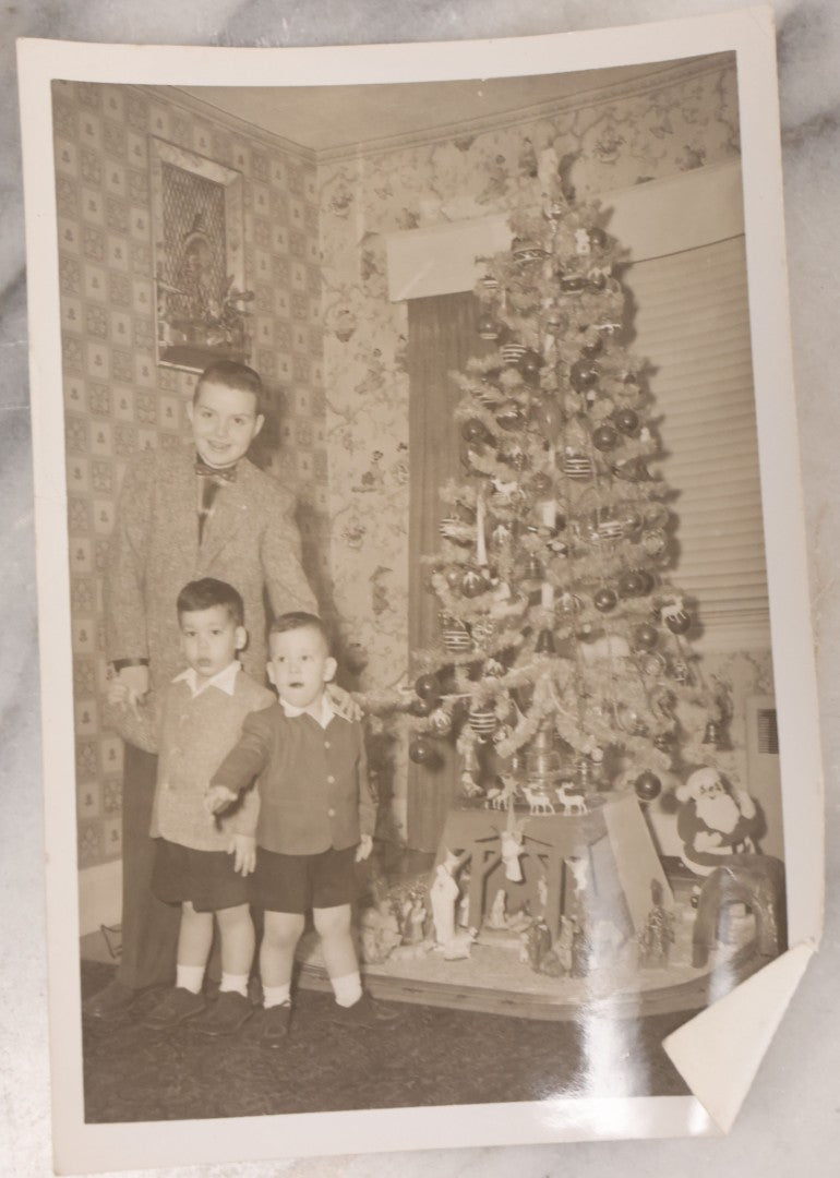Lot 107 - Grouping Of Four Vintage Christmas Photographs Including Kids Scared Of Santa, And Photos By Christmas Tree