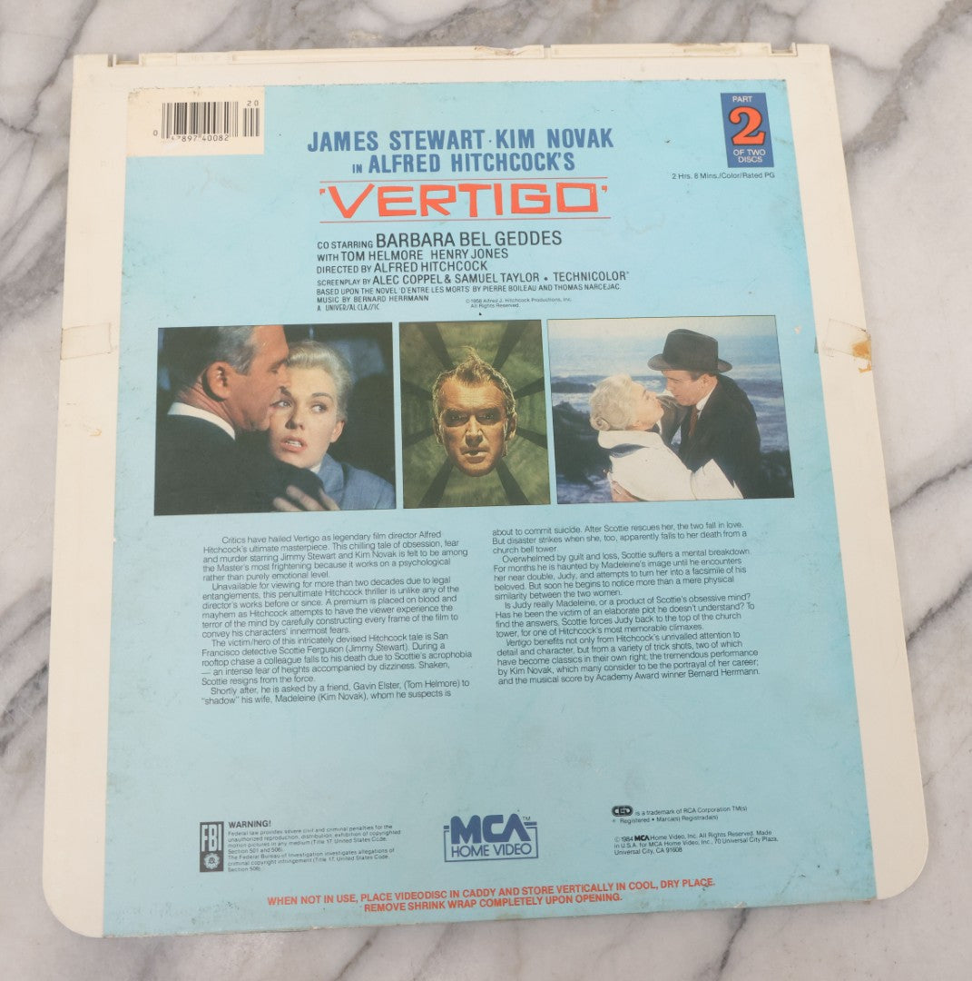 Lot 112 - "Vertigo" (1958) Vintage Thriller Movie Directed By Alfred Hitchcock, Starring Jimmy Stewart, M.C.A. Home Video Disc, Capacitance Electronic Disc (CED), Copyright 1984 M.C.A. Home Video Inc., One Of Two Discs
