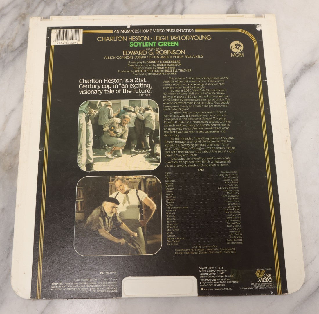 Lot 114 - "Soylent Green" (1973) Vintage Dystopian Sci-Fi Thriller Movie Directed By Richard Fleischer, M.G.M. / C.B.S. Video Disc, Capacitance Electronic Disc (CED), Copyright 1982 Metro-Goldwyn-Mayer Film Co.
