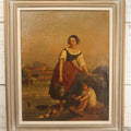 Lot 001 - Antique 19th Century Genre Painting Depicting Idyllic Peasant Life, Woman Gathering Water, Child Playing Fetch With Dog, In 20th Century Frame, As Found, 21" x 25"