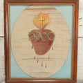 Lot 003 - Antique Hand Painted Sacred Heart On Thread, In Frame, Note Losses 13-1/2" x 15-1/2"