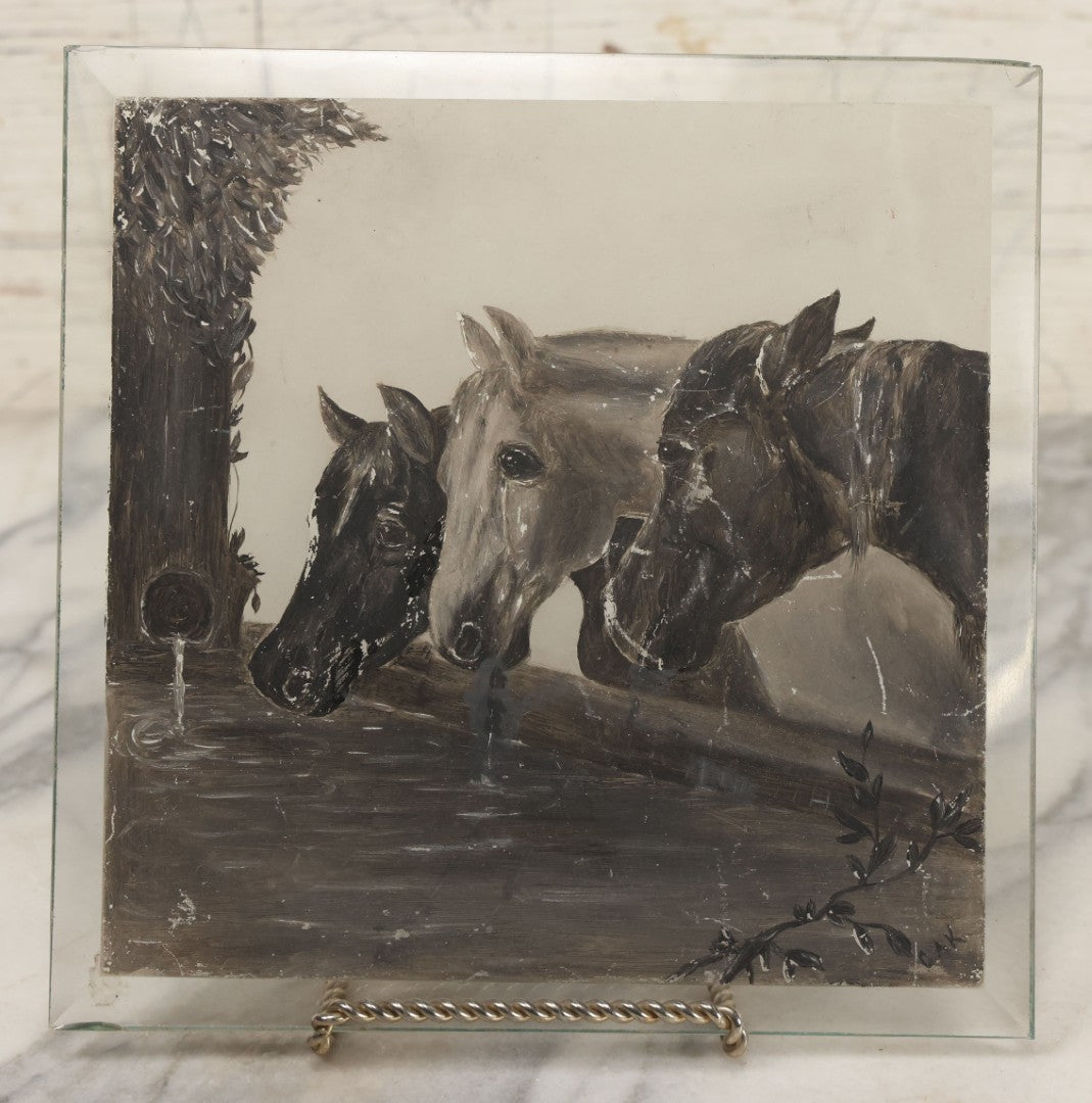 Lot 012 - Antique Hand Painted Folk Art Beveled Glass Panel After "Three Horses At A Drinking Trough" By J.F. Herring, Artist Initialed G.A.K., 8" x 8"