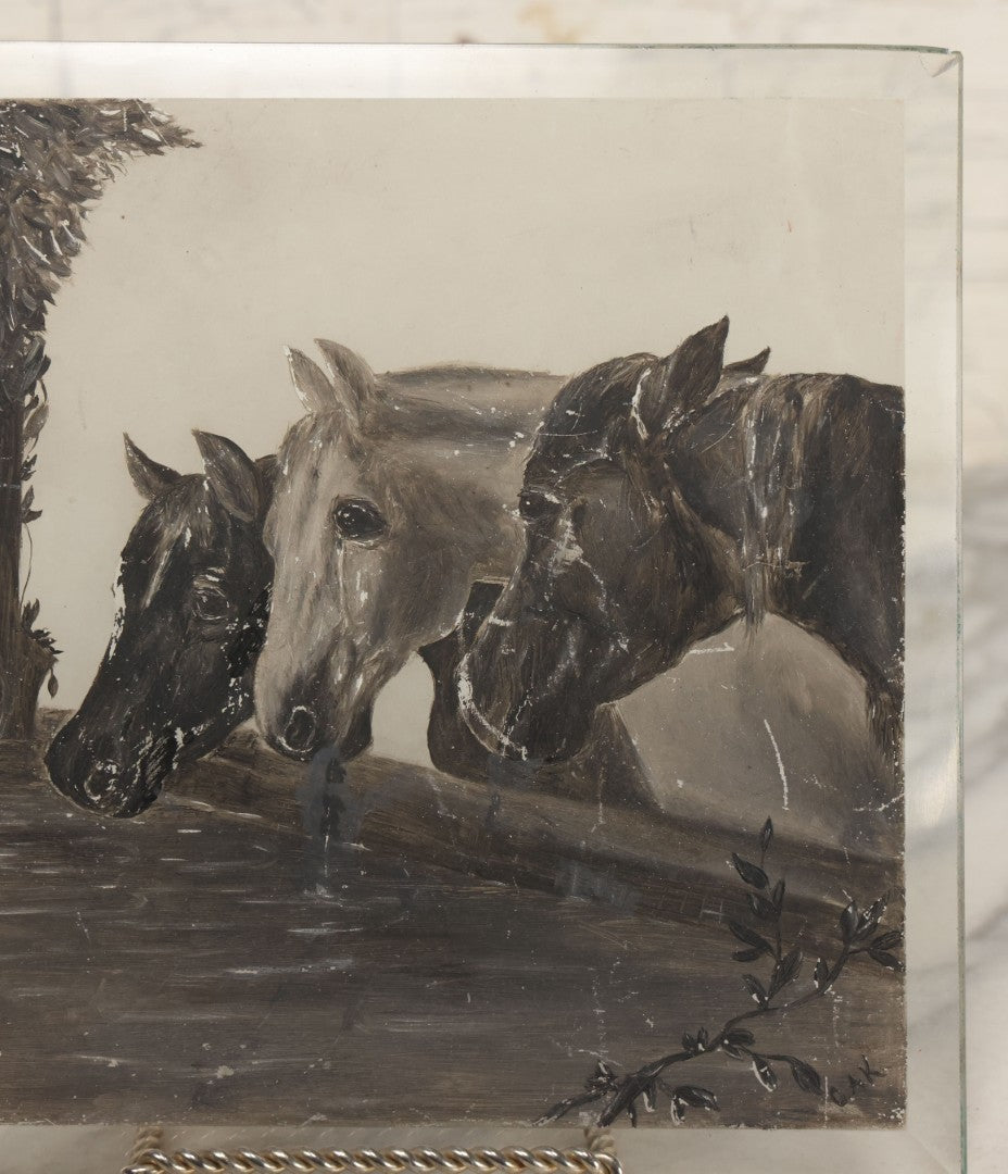 Lot 012 - Antique Hand Painted Folk Art Beveled Glass Panel After "Three Horses At A Drinking Trough" By J.F. Herring, Artist Initialed G.A.K., 8" x 8"