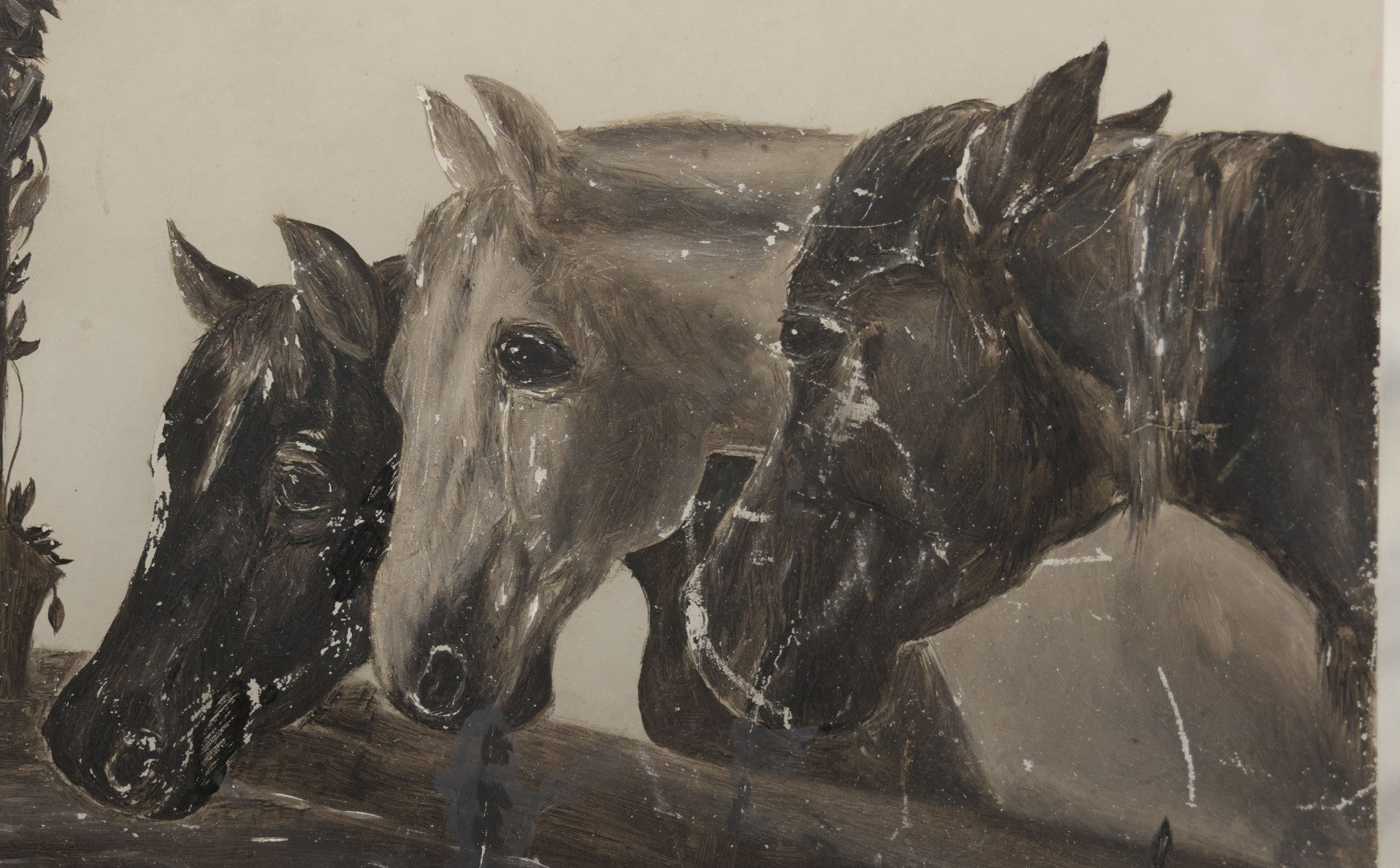 Lot 012 - Antique Hand Painted Folk Art Beveled Glass Panel After "Three Horses At A Drinking Trough" By J.F. Herring, Artist Initialed G.A.K., 8" x 8"