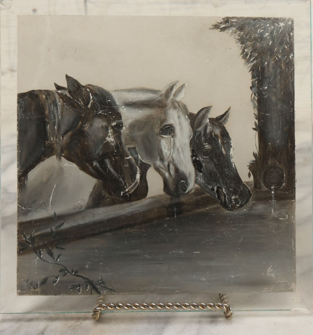 Lot 012 - Antique Hand Painted Folk Art Beveled Glass Panel After "Three Horses At A Drinking Trough" By J.F. Herring, Artist Initialed G.A.K., 8" x 8"