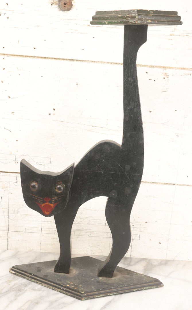 Lot 013 - Antique Folk Art Wooden Halloween Black Cat Silent Butler Ashtray Stand With Original Paint, Remnants Of Old Green Paint, Matching Diamond Base And Tray, 24-1/2" Height