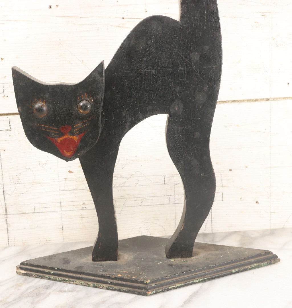 Lot 013 - Antique Folk Art Wooden Halloween Black Cat Silent Butler Ashtray Stand With Original Paint, Remnants Of Old Green Paint, Matching Diamond Base And Tray, 24-1/2" Height