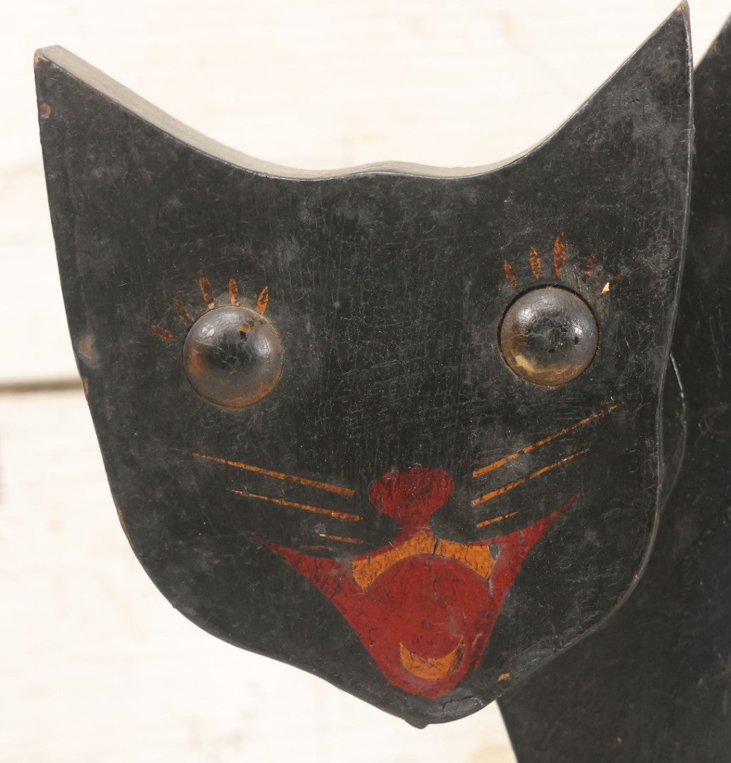 Lot 013 - Antique Folk Art Wooden Halloween Black Cat Silent Butler Ashtray Stand With Original Paint, Remnants Of Old Green Paint, Matching Diamond Base And Tray, 24-1/2" Height