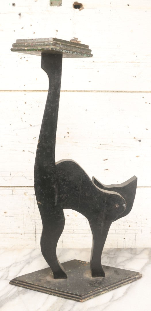 Lot 013 - Antique Folk Art Wooden Halloween Black Cat Silent Butler Ashtray Stand With Original Paint, Remnants Of Old Green Paint, Matching Diamond Base And Tray, 24-1/2" Height
