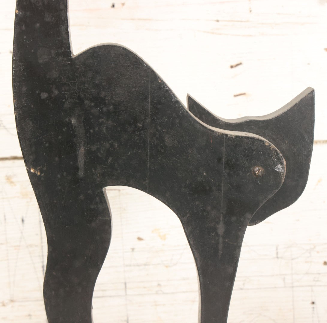 Lot 013 - Antique Folk Art Wooden Halloween Black Cat Silent Butler Ashtray Stand With Original Paint, Remnants Of Old Green Paint, Matching Diamond Base And Tray, 24-1/2" Height