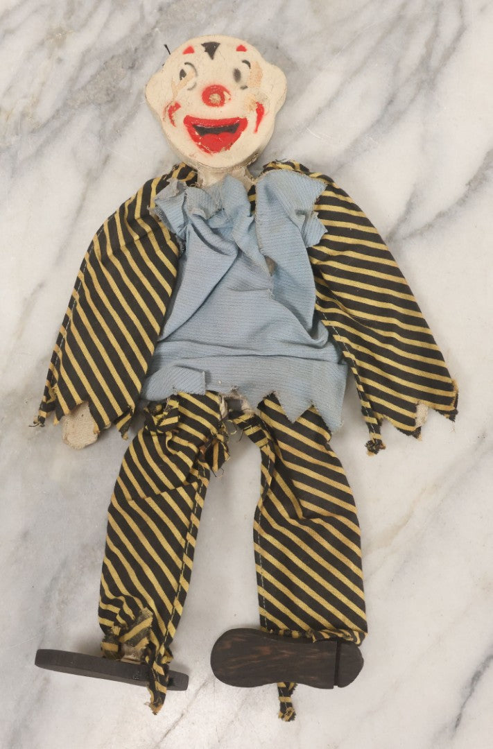 Lot 014 - Vintage Folk Art Hand Made Doll Puppet, Clown With Yellow And Black Striped Clothes Wooden Head And Feet, Cardstock Body, 14" Length