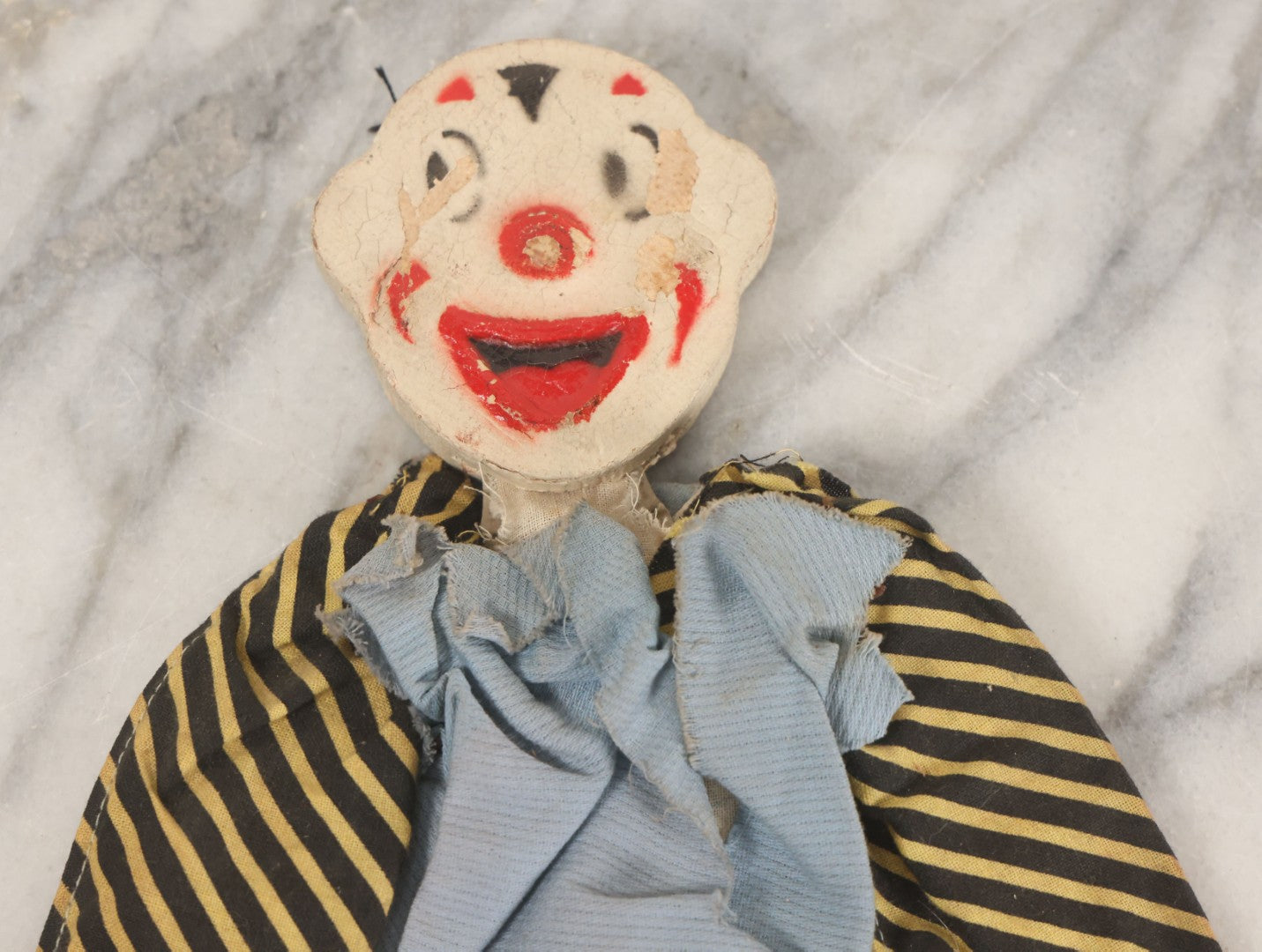 Lot 014 - Vintage Folk Art Hand Made Doll Puppet, Clown With Yellow And Black Striped Clothes Wooden Head And Feet, Cardstock Body, 14" Length