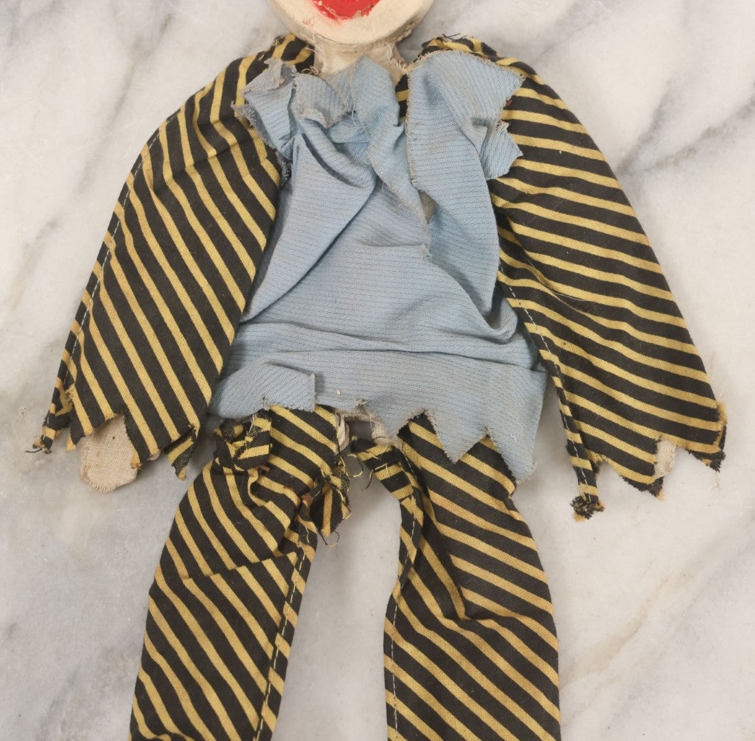 Lot 014 - Vintage Folk Art Hand Made Doll Puppet, Clown With Yellow And Black Striped Clothes Wooden Head And Feet, Cardstock Body, 14" Length