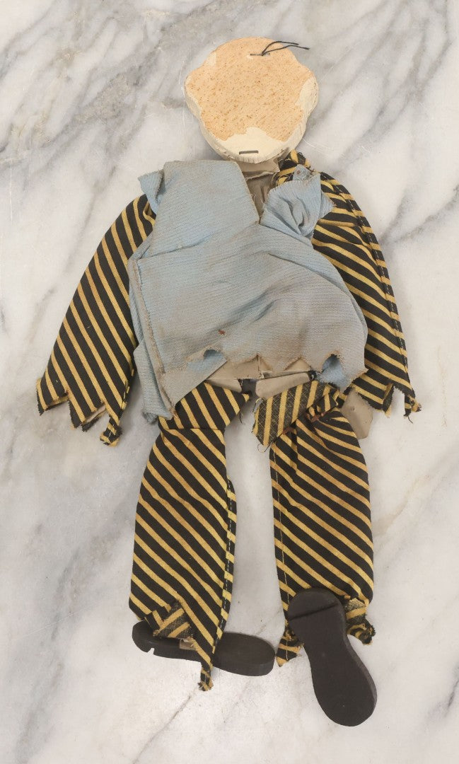 Lot 014 - Vintage Folk Art Hand Made Doll Puppet, Clown With Yellow And Black Striped Clothes Wooden Head And Feet, Cardstock Body, 14" Length