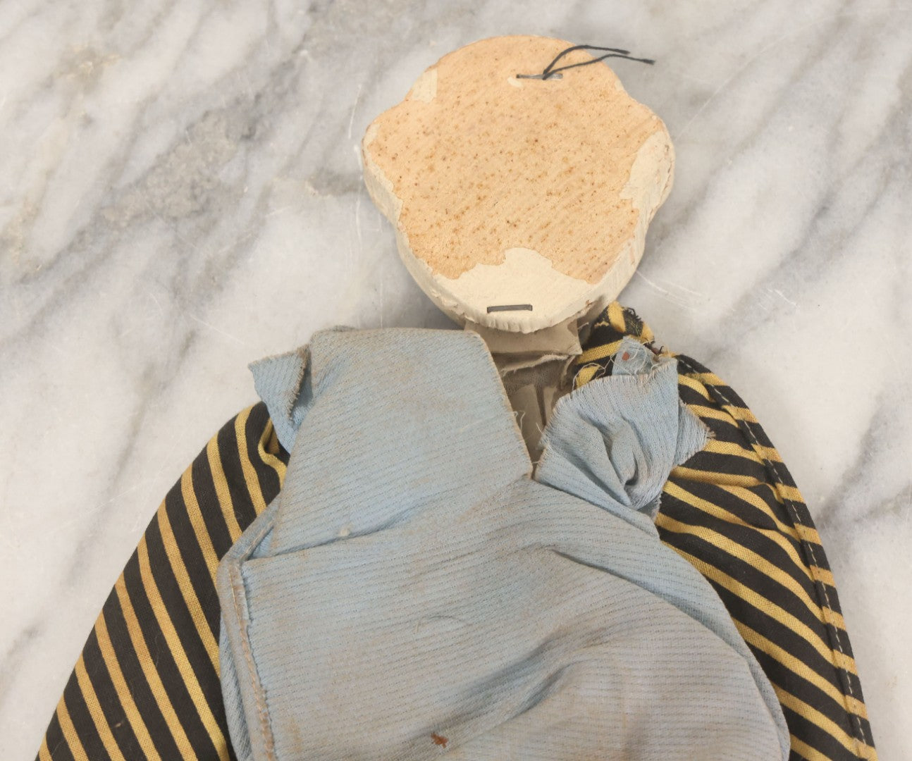 Lot 014 - Vintage Folk Art Hand Made Doll Puppet, Clown With Yellow And Black Striped Clothes Wooden Head And Feet, Cardstock Body, 14" Length