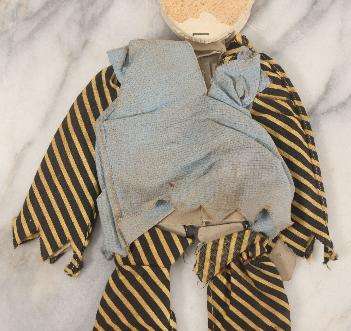 Lot 014 - Vintage Folk Art Hand Made Doll Puppet, Clown With Yellow And Black Striped Clothes Wooden Head And Feet, Cardstock Body, 14" Length