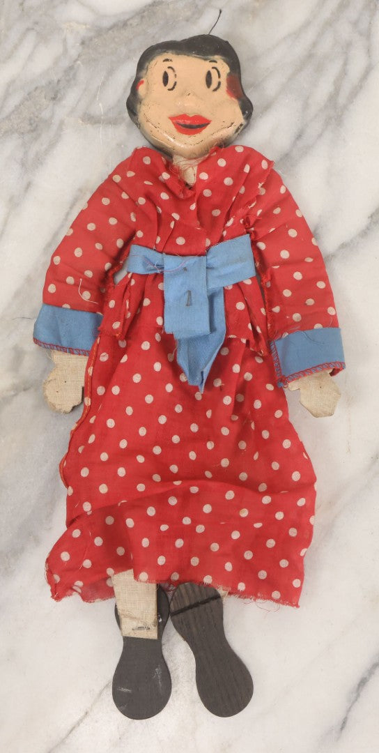 Lot 015 - Vintage Folk Art Hand Made Doll Puppet, Woman With Red And White Polka Dot Dress Wooden Head And Feet, Cardstock Body, 14" Length