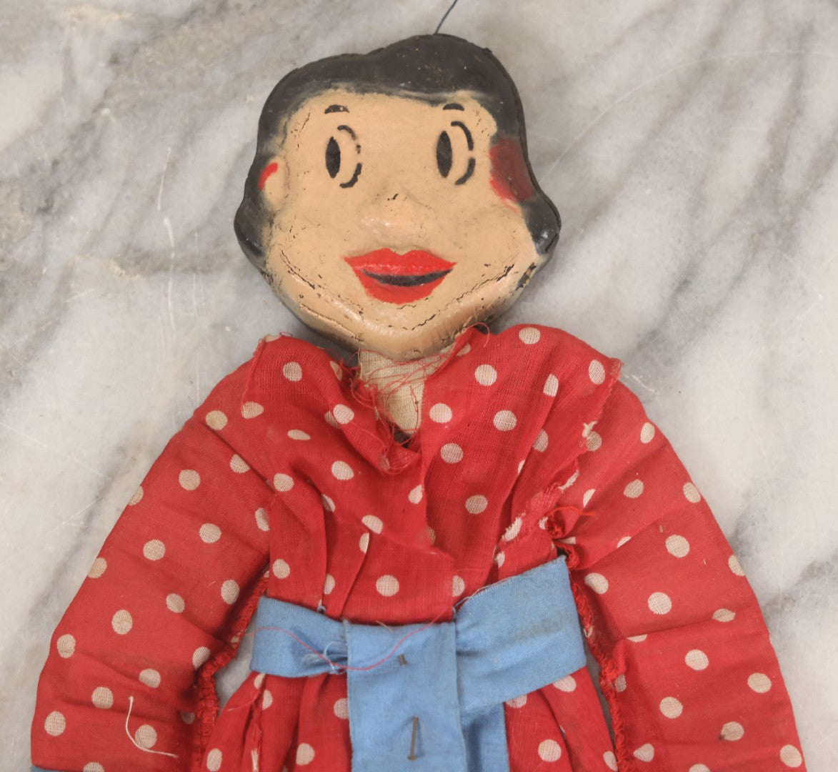 Lot 015 - Vintage Folk Art Hand Made Doll Puppet, Woman With Red And White Polka Dot Dress Wooden Head And Feet, Cardstock Body, 14" Length