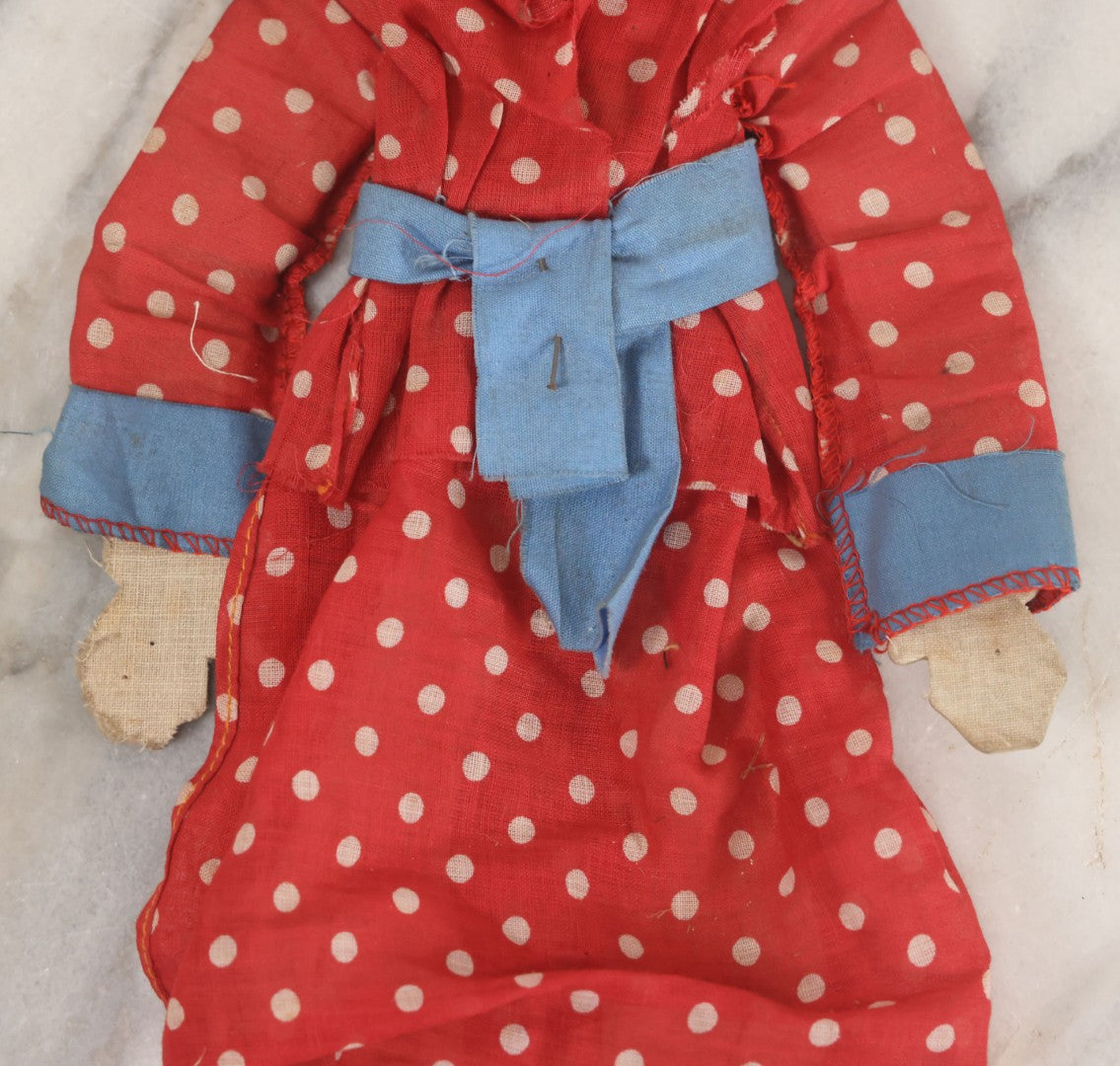 Lot 015 - Vintage Folk Art Hand Made Doll Puppet, Woman With Red And White Polka Dot Dress Wooden Head And Feet, Cardstock Body, 14" Length