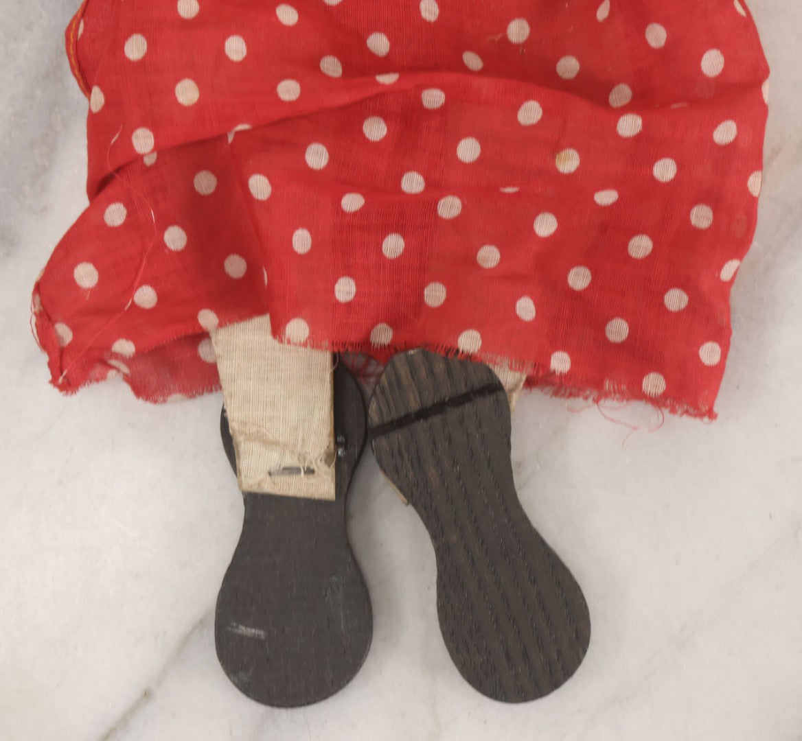 Lot 015 - Vintage Folk Art Hand Made Doll Puppet, Woman With Red And White Polka Dot Dress Wooden Head And Feet, Cardstock Body, 14" Length