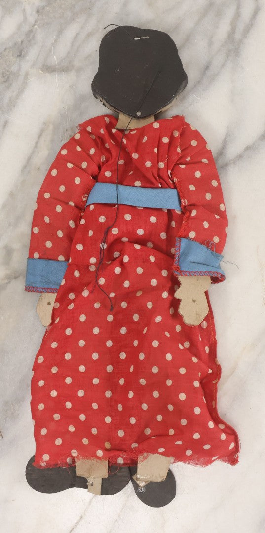 Lot 015 - Vintage Folk Art Hand Made Doll Puppet, Woman With Red And White Polka Dot Dress Wooden Head And Feet, Cardstock Body, 14" Length