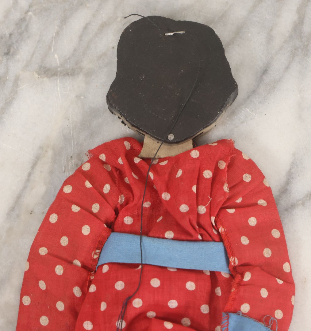Lot 015 - Vintage Folk Art Hand Made Doll Puppet, Woman With Red And White Polka Dot Dress Wooden Head And Feet, Cardstock Body, 14" Length