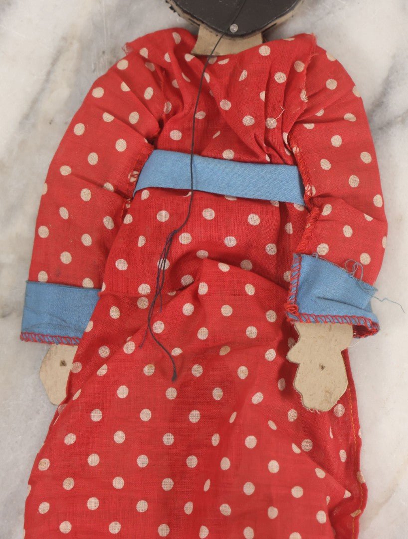 Lot 015 - Vintage Folk Art Hand Made Doll Puppet, Woman With Red And White Polka Dot Dress Wooden Head And Feet, Cardstock Body, 14" Length