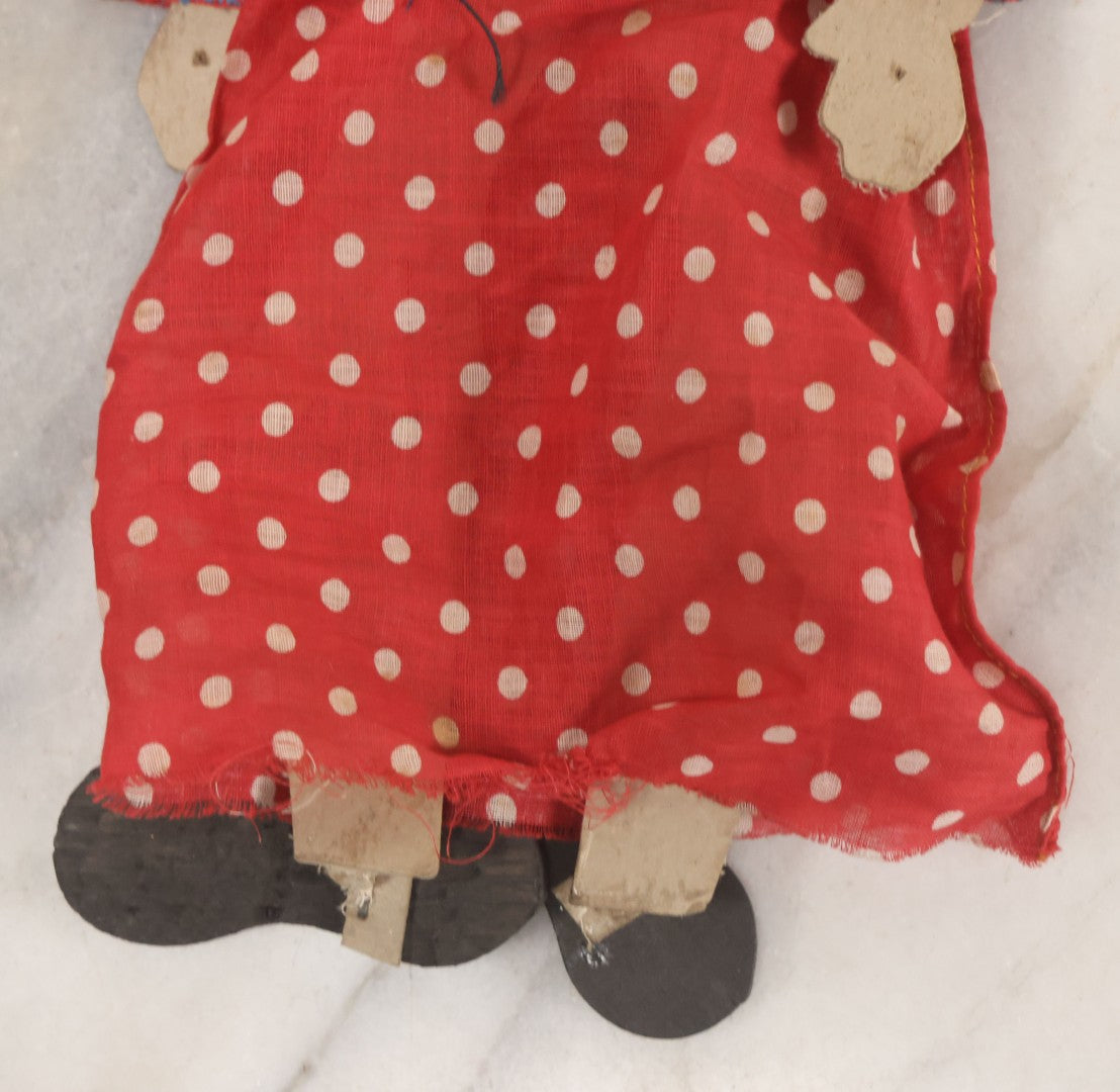 Lot 015 - Vintage Folk Art Hand Made Doll Puppet, Woman With Red And White Polka Dot Dress Wooden Head And Feet, Cardstock Body, 14" Length