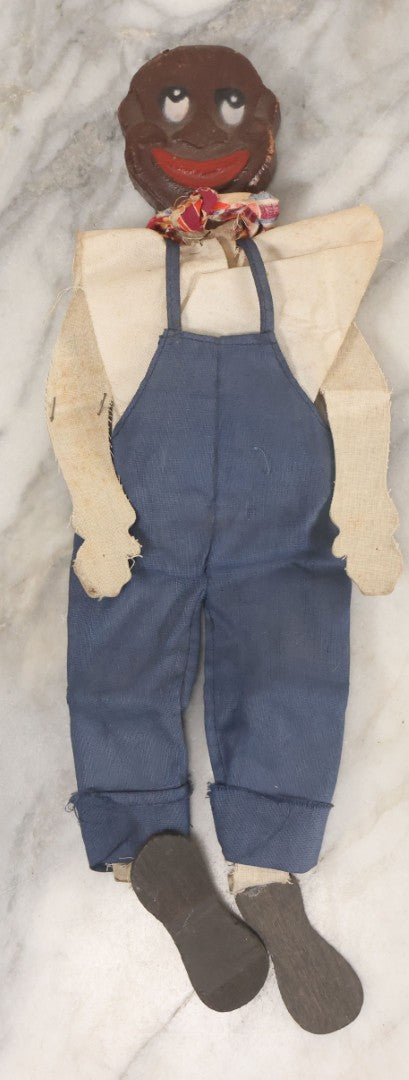 Lot 016 - Vintage Folk Art Hand Made Doll Puppet, Man With Blue Overalls Bandana, Wooden Head And Feet, Cardstock Body, 15" Length