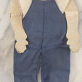 Lot 016 - Vintage Folk Art Hand Made Doll Puppet, Man With Blue Overalls Bandana, Wooden Head And Feet, Cardstock Body, 15" Length