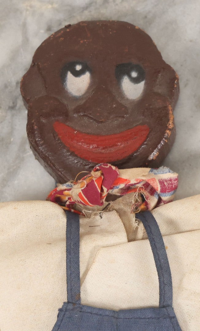 Lot 016 - Vintage Folk Art Hand Made Doll Puppet, Man With Blue Overalls Bandana, Wooden Head And Feet, Cardstock Body, 15" Length