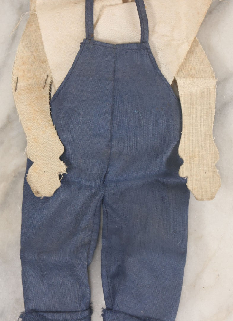 Lot 016 - Vintage Folk Art Hand Made Doll Puppet, Man With Blue Overalls Bandana, Wooden Head And Feet, Cardstock Body, 15" Length