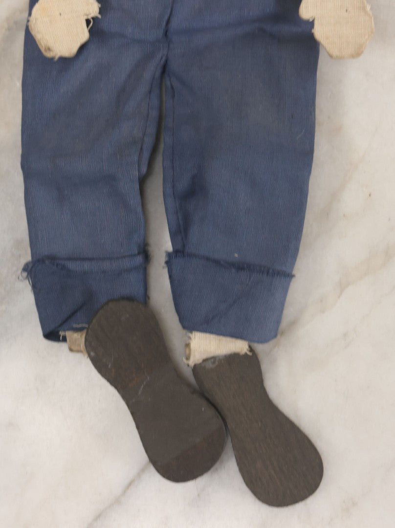 Lot 016 - Vintage Folk Art Hand Made Doll Puppet, Man With Blue Overalls Bandana, Wooden Head And Feet, Cardstock Body, 15" Length